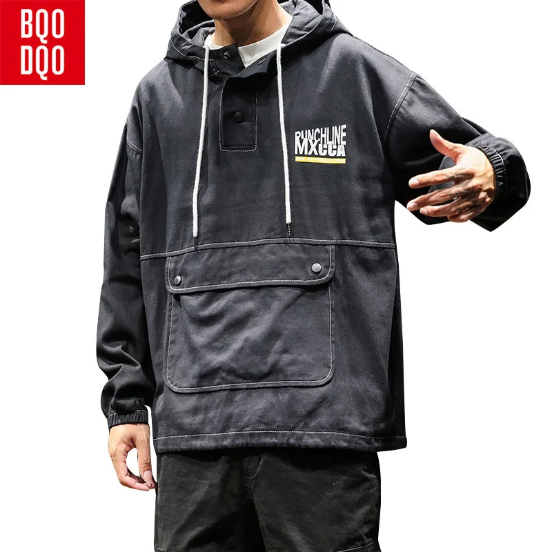 

BQODQO Black Letter Cotton hoodies sweatshirts For Men Preppy Streetwear Japanese Hoodie Man Baggy Fashions Cool Hip Hop hoodiee