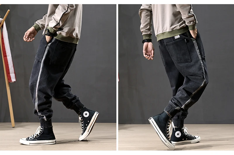 Осенние модные мужские джинсы черные серые свободные облегающие дизайнерские шаровары в полоску уличная одежда в стиле хип-хоп мужские