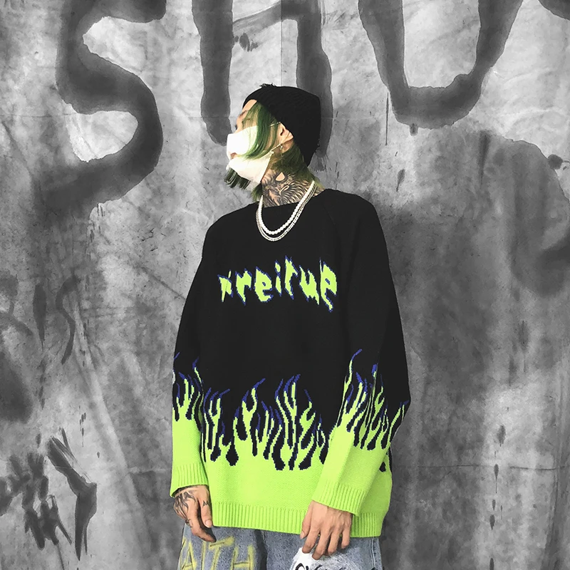 Men Hip Hop Sweater Pullover Streetwear High Street Letter Fire Knitted O Neck Sweater Winter Autumn New Loose Sweaters Cotton