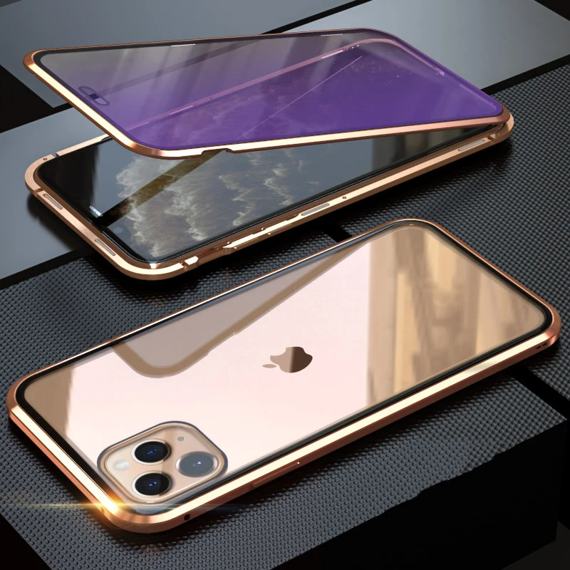 Роскошный противоударный защитный чехол для телефона, чехол для iPhone 11 Pro Max, синее закаленное стекло и Алюминиевый металлический магнитный чехол - Цвет: Золотой