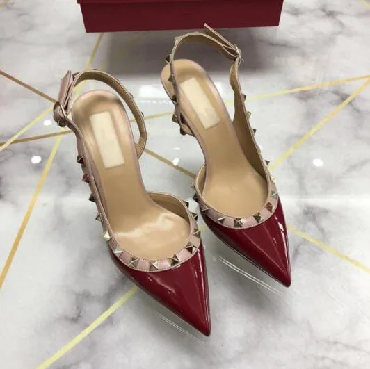 Women Dress Shoes rock Patent High Heels stud Pumps Rivets Real Leather Pointed Toe Wedding Shoes Gift Party Shoes