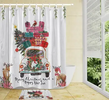 

LB Rustic Wooden Planks Pickup Trucks Christmas Tree Shower Curtain For Bathroom Waterproof polyester Christmas Shower Curtain