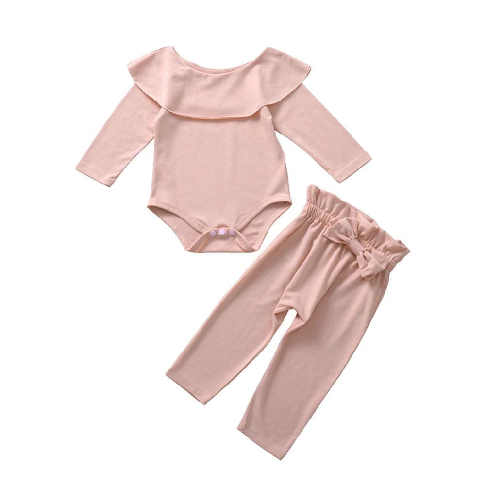 

Baby Girl Ruffled Bodysuit Jumpsuit Solid Color Bowknot Pants Trousers Autumn Cotton Long-Sleeved Clothes Clothes Suit