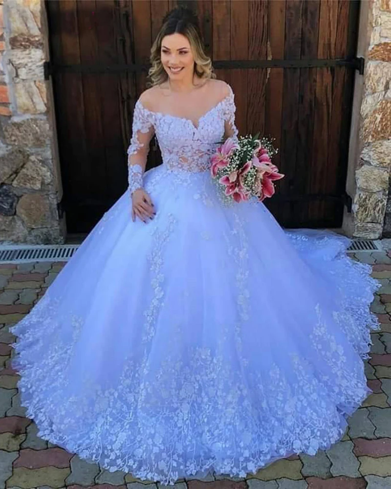 

White Princess Ball Gown Wedding Dress 2021 New Lace Appliques Long Sleeves Wedding Gowns Plus Size Robe De Mariee Custom Size