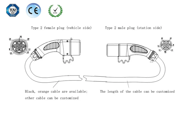 EV Charger Cable 16A 32A EV Charging Connector type 2 to type 2 electric car charger iec 62196-2 ev plug charging cable