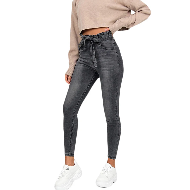 Women Slim Bow Tie Casual Solid High Waist Skinny Jeans Ladies Fashion Zipper Pockets All-match Streetwear Pencil Pants SJ4655U