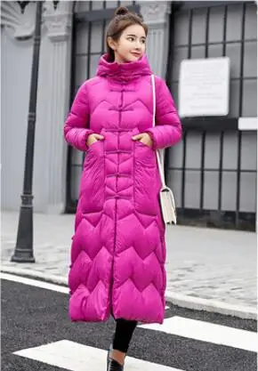 rose Red Новое осенне-зимнее длинное пуховое Хлопковое платье-парка с капюшоном и пряжкой Женская модная утепленная куртка большого размера свободные парки - Цвет: rose Red
