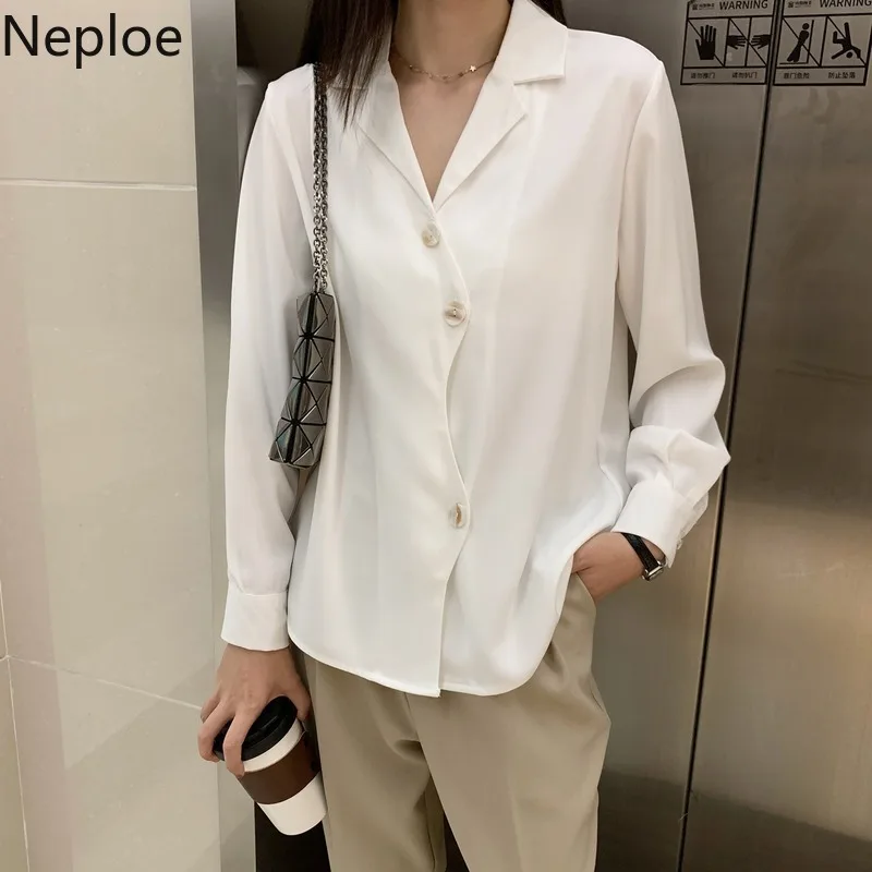 Neploe, однобортные женские рубашки, весна, Новое поступление, свободные блузы с v-образным вырезом и длинным рукавом, одноцветные повседневные женские топы 80347