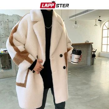 

LAPPSTER Korean Men Patchwork Fur Coat 2020 Japanese Streetwear Mens Winter Warm Fake Fur Jackets Male Harajuku Fashion Overcoat