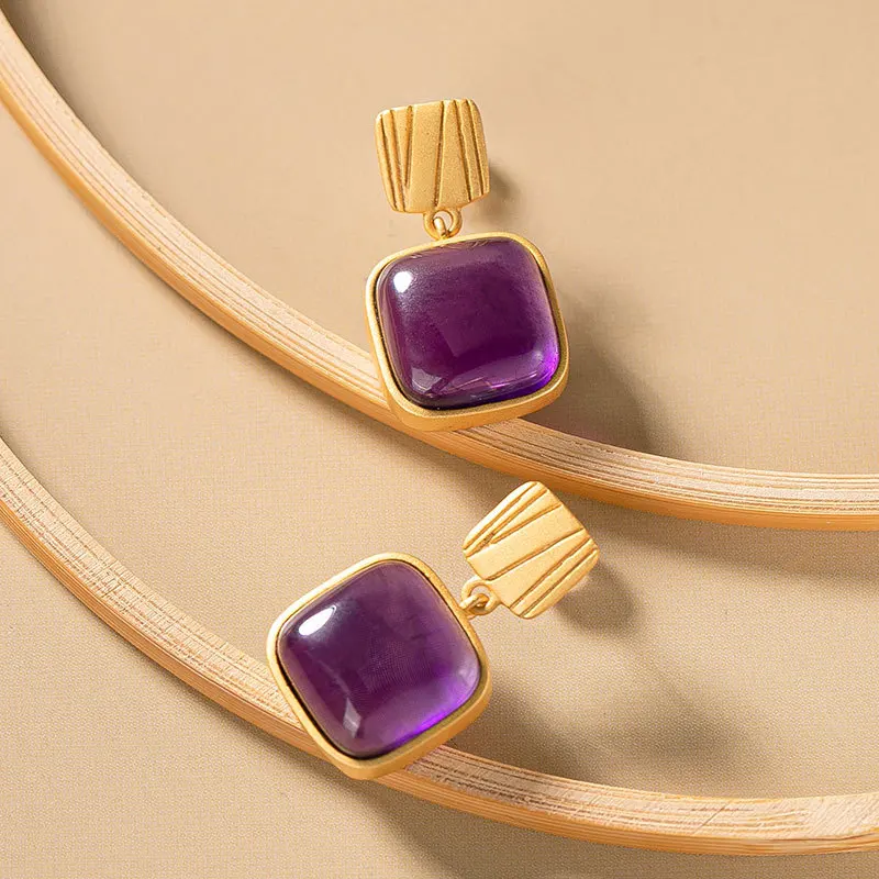 Серьги из серебра 925 пробы с квадратным аметистом геометрические серьги