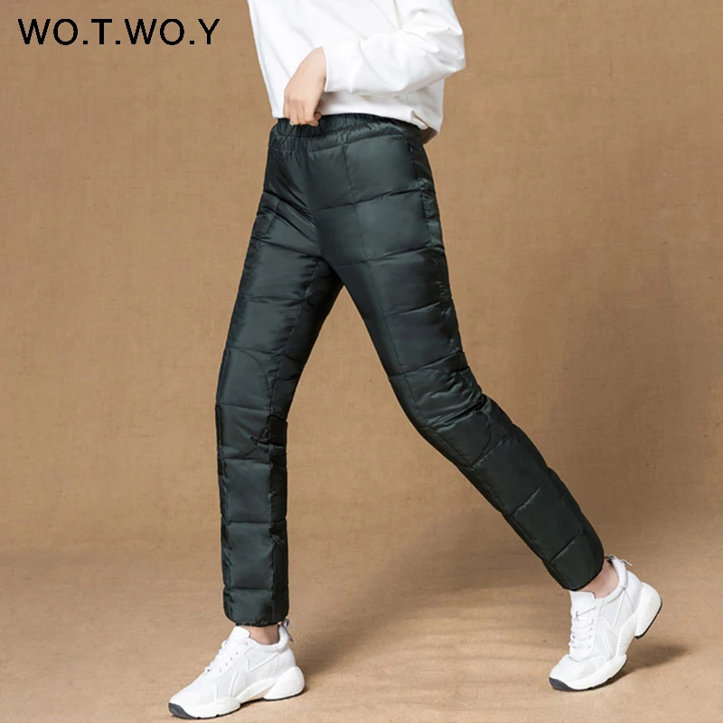 

WOTWOY Casaul Winter Women Pants 2019 Pockets Plue size Basic High Waist Straight Female Down Pants Thick Trousers Women
