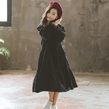 Хлопковое платье для девочек-подростков вечерние платья принцессы для маленьких девочек детская одежда черное платье с длинными рукавами Осенняя мода