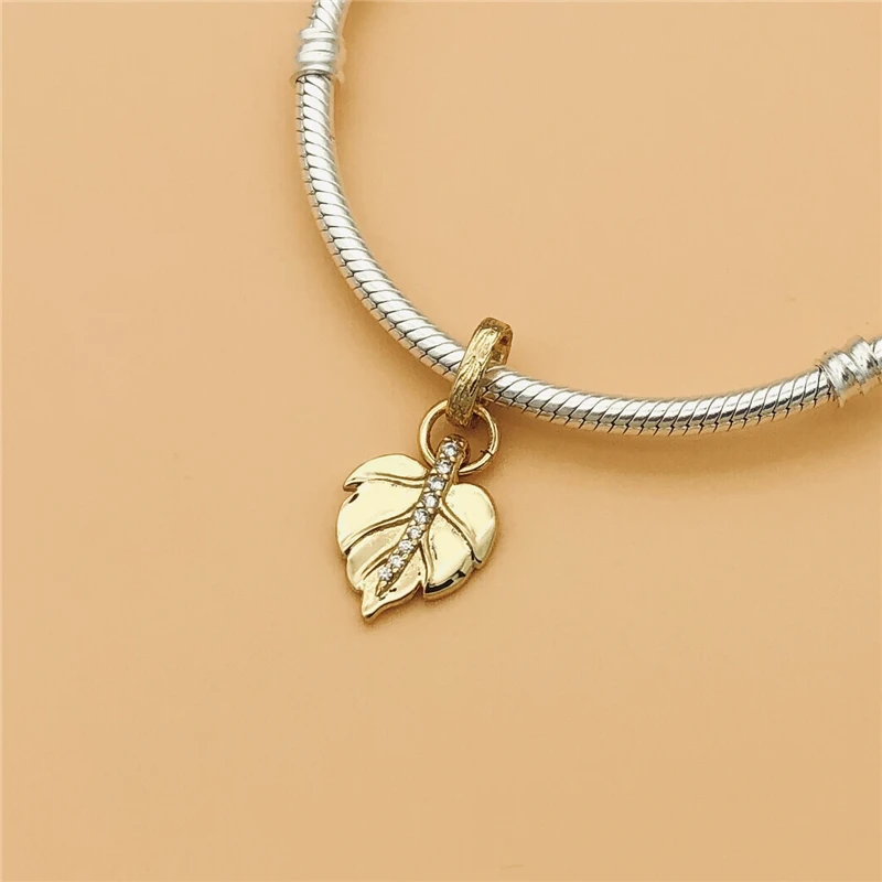 Cefuny Original 925 Sterling Silver Shining Leaf Pendant Gold Charm Pendent Fit for Necklace and Bracelet with Clear CZ