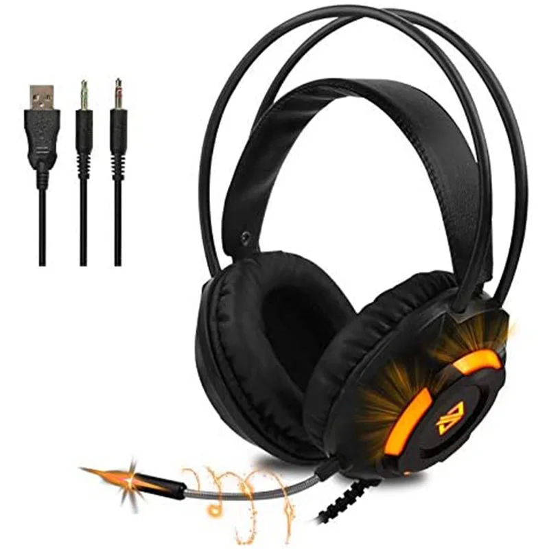 AJAZZ AX120 Stereo Gaming Headset Noise Cancelling over Ear Headphones with Mic Bass Surround Orange LED Light