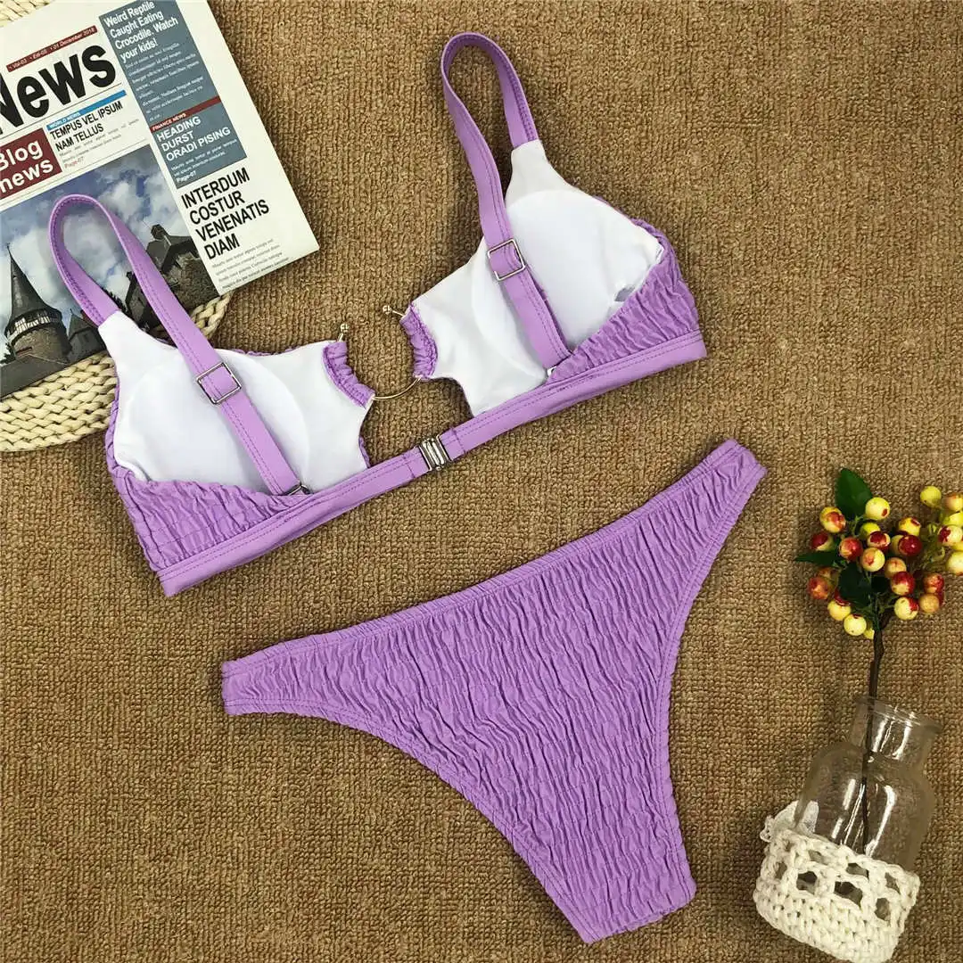 7 Colors Sexy Wrinkled Bikini Women Swimwear Female Swimsuit Two-pieces Bikini set Mid Waist Bather Bathing Suit Swim Lady V2447
