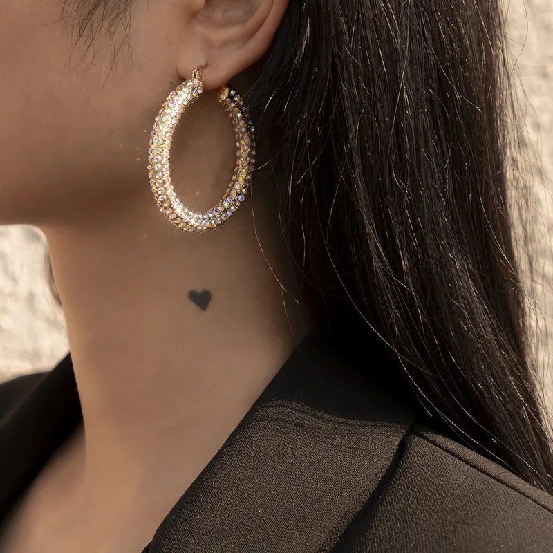 TIMEONLY Luxury Bling Rhinestones C Shape Hoop Earring for Women Ladies A B Color Delicate Party Accessories | Украшения и