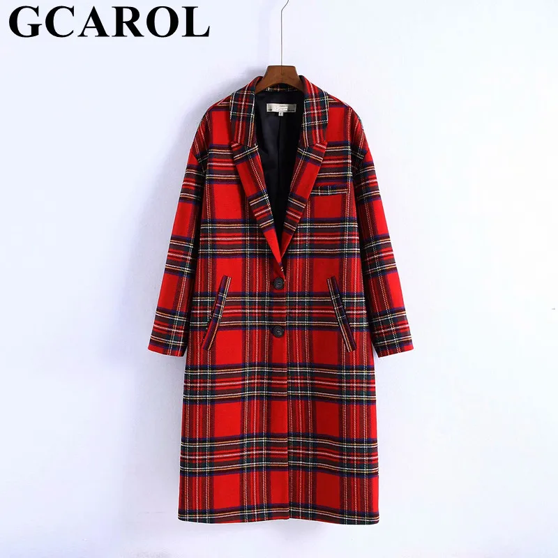GCAROL, европейский стиль, женское клетчатое пальто с зубчатым воротником, большие размеры, 2 кармана, камвольная клетчатая куртка, элегантная уличная одежда