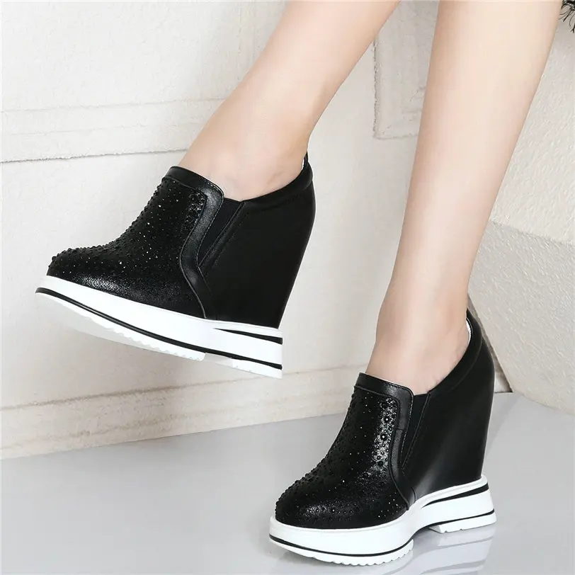 Trainers Shoes Women Genuine Leather Wedges Platform Ankle Boots Round Toe High Heel Rhinestones Pumps Punk Goth Creepers Shoes