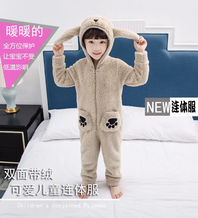 Children Double Fleece Animal Onesies Kids Sleepwear Winter Boys Hooded Flannel Thick Warm Jumpsuit Long Sleeve Children Pajamas