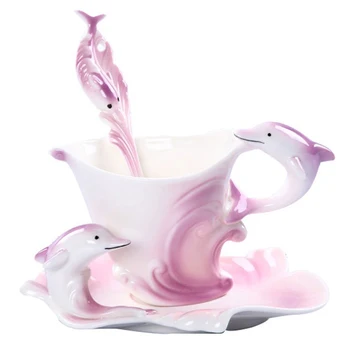 

Cute Dolphin Handmade Porcelain Tea Mug Coffee Cup Set with Spoon and Saucer (Purple)