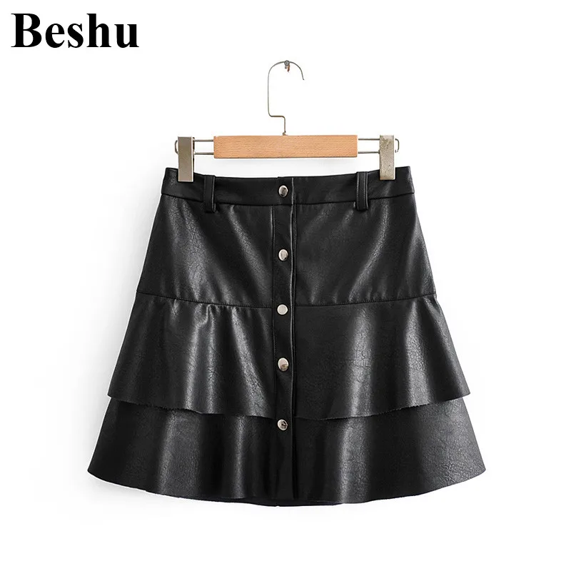 Модная юбка za ниспадающие оборки Полиуретановая на пуговицах с высокой талией