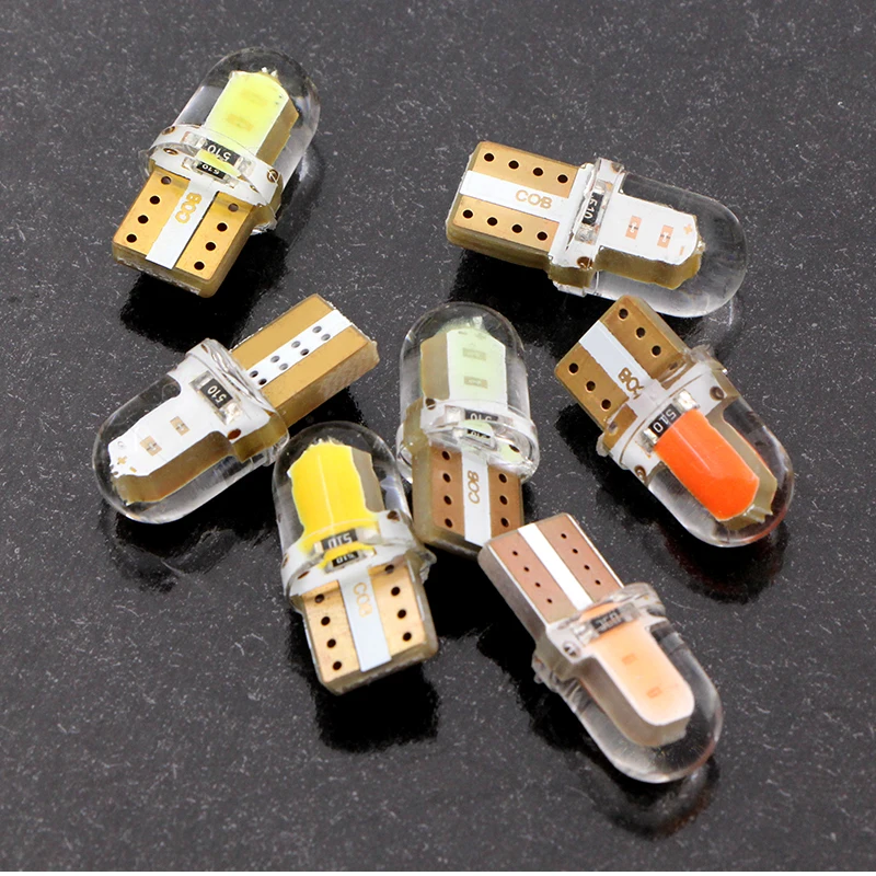 1/2 10 шт Автомобильный светодиодный свет T10 W5W 12V Led приборный кластер силиконовый Cob 2W Автомобильный плафон внутреннего освещения лампа Янтарный Желтый Оранжевый Красный Белый