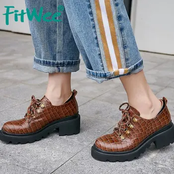 

FITWEE Real Leather Women Pumps Spring Plaid Round Toe Lace Up Casual Shoes Chunky Heels Retro Ladies Pumps Footwear Size 34-39