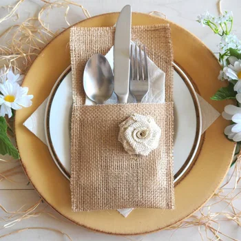

Burlap napkin Pouch fork Knife Cutlery Holder bag Rustic country Vintage Wedding engagement Bridal Shower Christmas Decoration