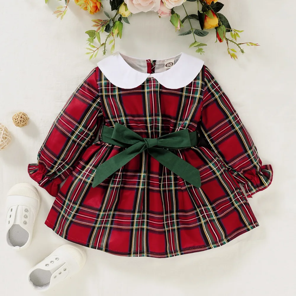 Toddler Baby Girls Matching Sister Clothes Red Plaid Long Sleeve Dress Bandage Party Dress Birthday Bowknot Princess Dress D30