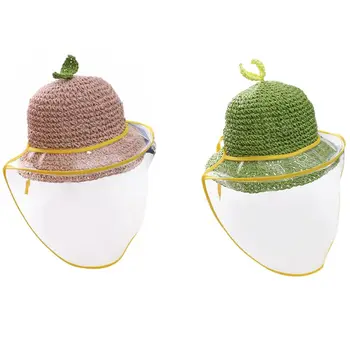 

2 Set Baby Kids Mask Hat Boys Girls Straw Hat Shield Cover Mask Hat Anti Saliva Dustproof Fisherman Cap Pink & Green