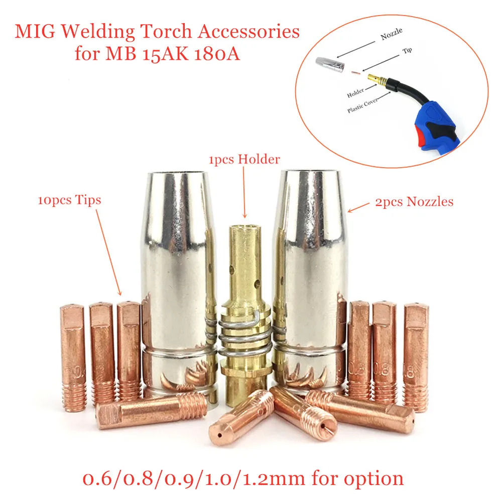 13-Piece MIG Welding Torch Consumables Kit For 15AK/14AK - Contact Tips 0.6mm To 1.2mm, Nozzle & Holder
