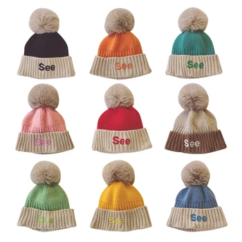 

2020 Winter Newborn Cute Warm Kids Girls Boys Baby Plush Ball Design Patchwork Color Hats Knitted Hemming Caps 2020/