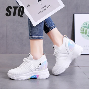 

STQ Women 7cm incremental shoes platform mesh breathable chunky sneakers ladies lace up white sneaker trainers womens Y130