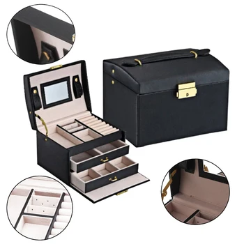 

New Jewelry Box Large Capacity Leather Storage Jewelry Case Earring Ring Necklace with Mirror Watch Jewelry Organizer Jewel Boxs