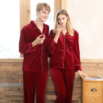 

Elegant Gold velvet pajamas Velvet couple pajamas ladies autumn and winter red wedding bridal Men And Women Nightrobe