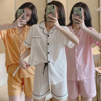 

2020 Summer Short Sleeve Cotton Shorts Pajama Sets for Women Sleepwear Suit Pyjama Loungewear Homewear Pijama Mujer Home Clothes