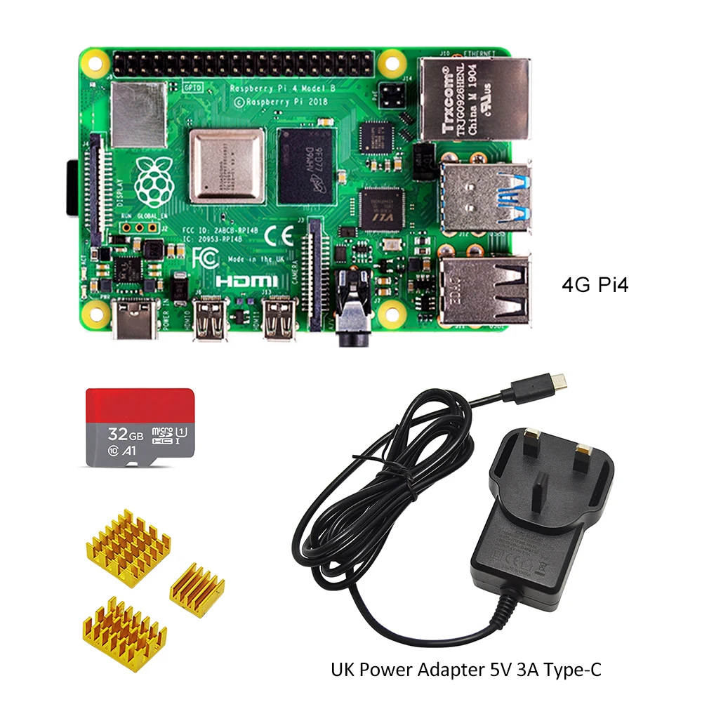 Официальная макетная плата Raspberry Pi 4 Модель B 4 ГБ ОЗУ+ адаптер питания для ЕС/США 5 в 3 А Блок питания type-C+ радиатор+ sd-карта 32 Гб