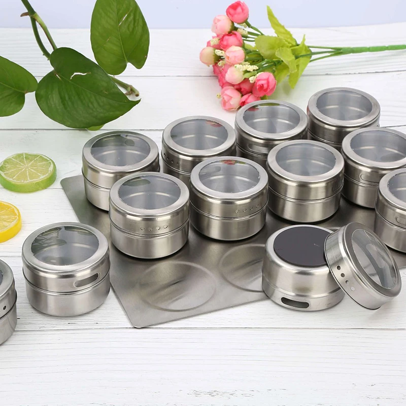 

Kitchen Tools Magnetic Spice Tins Stainless Steel Spice Jar Set with Stickers Pepper Shakers Seasoning Sprays Salt Pepper Set