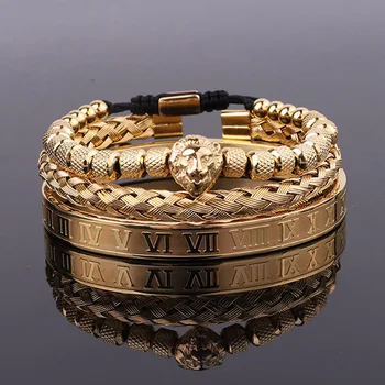 High Quality Luxury Bracelet Set Stainless Steel Roman Bangle Lion Charm Men Jewelry Handmade Braided Macrame Bracelets Men Gift