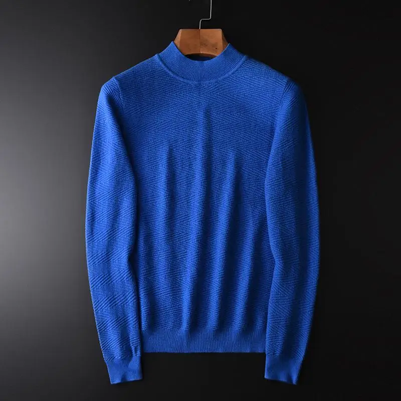 Minglu синий серый шерстяной свитер для мужчин, роскошные мужские свитера с высоким воротом, осенние и зимние однотонные тонкие свитера для мужчин 4XL - Цвет: BLUE