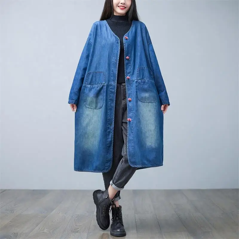 Free Shipping Fashion Loose Straight Full Sleeve Spring Autumn Knee Length Outerwear With Pockets Denim Single Breasted V-Neck free shipping new fashion loose straight full sleeve spring autumn knee length outerwear with pockets denim single breasted