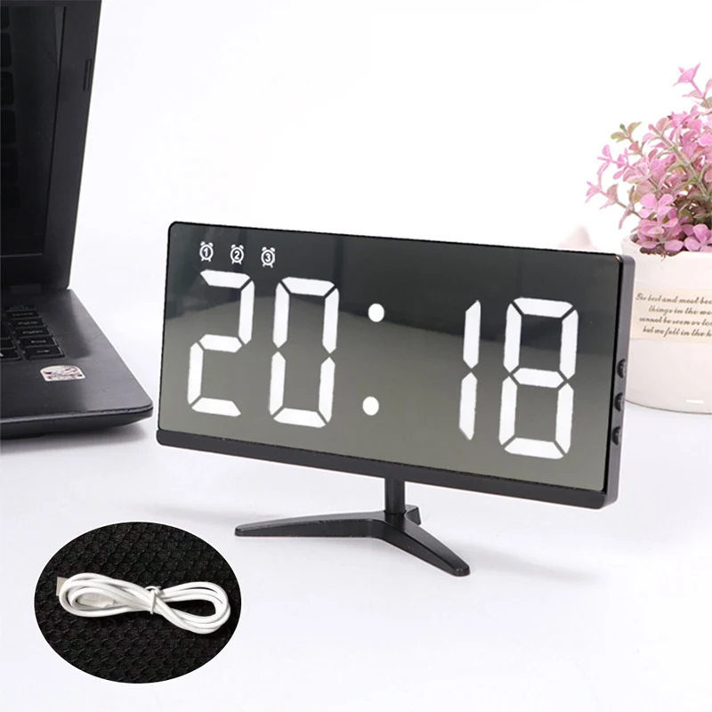 Креативный зеркальный будильник с ЖК-дисплеем и цифровым дисплеем, usb зарядка, многофункциональные настольные часы с будильником, температурный календарь, настольные часы - Цвет: white