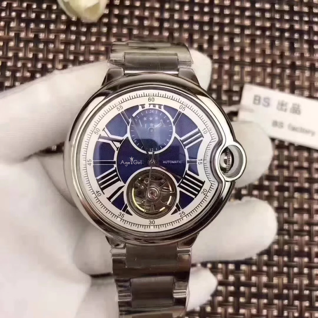 Silver Blue Роскошные брендовые новые автоматические мужские механические часы синий черный кожаный розовое золото прозрачный MoonPhase часы Tourbillion Белый AAA - Цвет: Silver Blue