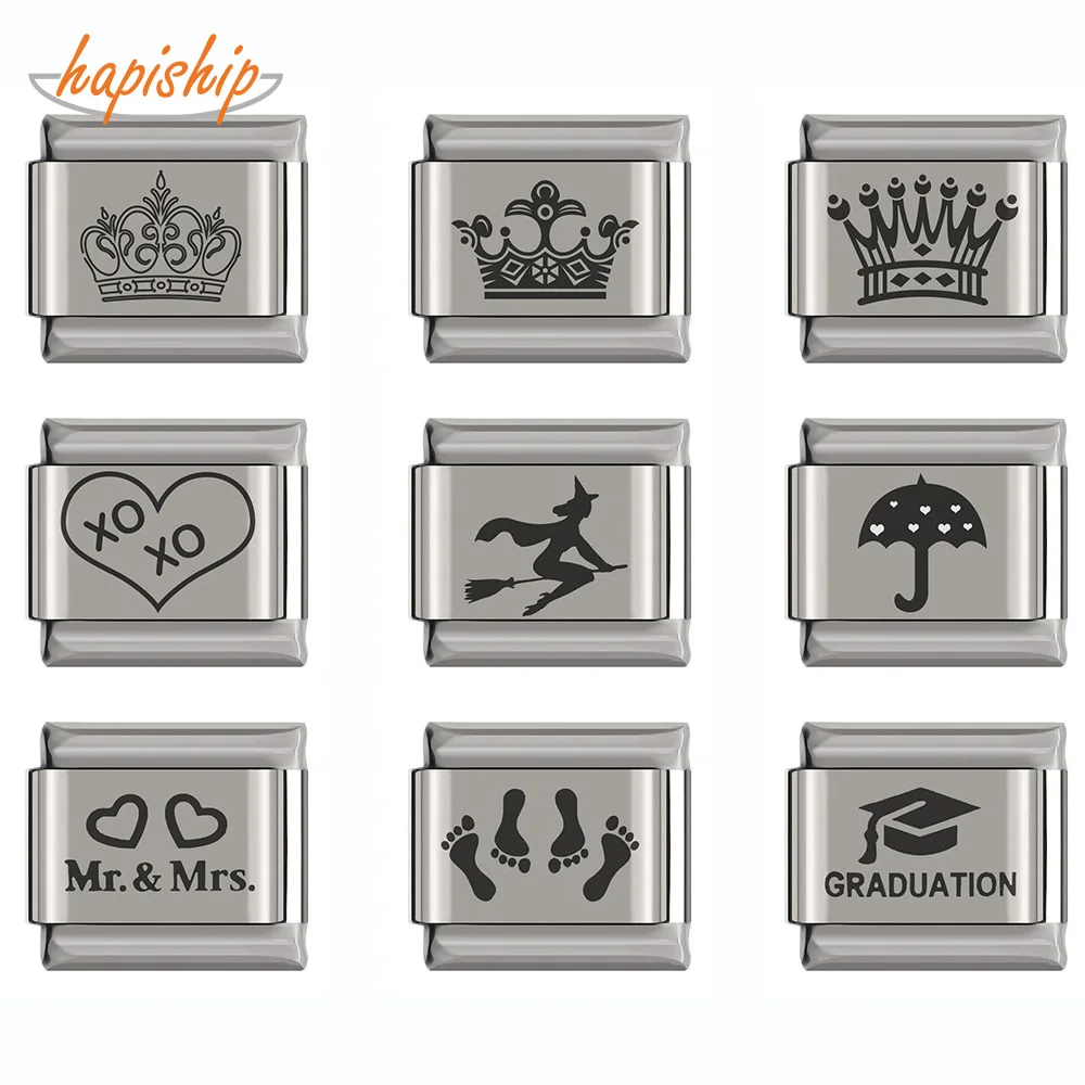 

Hapiship Original Daisy Crown Heart Witch Footprints Umbrella Charm Fit 9mm Bracelet Silver Stainless Steel Jewelry Making DJ203