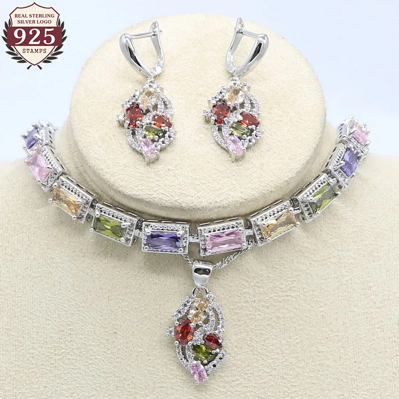 Женский набор украшений из серебра 925 пробы разноцветный циркониевый браслет