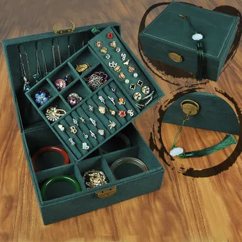 

Handmade Retro Style Jewelry Multi-Layer Functional Jewelry Storage Box Ornament Ear Stud Earrings Necklace Ring Large Simple