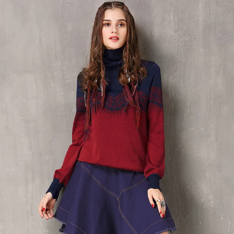 #^Special Price Brand Gradient Color Design Turtleneck Knitted Sweater Women Pullovers Jacquard Lantern Sleeve Knitwear Sweaters 9251
