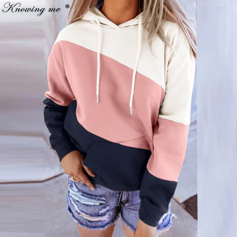 Женские Лоскутные толстовки с капюшоном повседневные пуловеры длинным рукавом