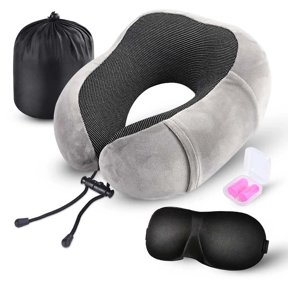 Подушка u-образной формы для путешествий с эффектом памяти, массажные подушки для шеи, постельные принадлежности, комплект для путешествий с 3D масками для глаз, беруши, роскошная сумка - Цвет: Grey