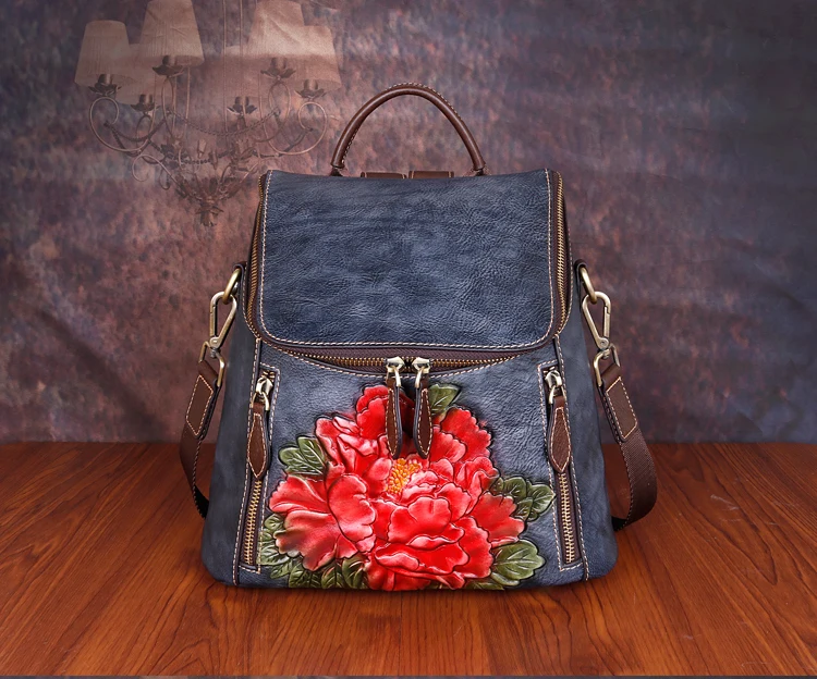 Women Backpack Genuine Leather Flower Pattern Real Cowhide Rucksack Female 3 Use Vintage Shoulder Bag Daypack Travel Knapsack